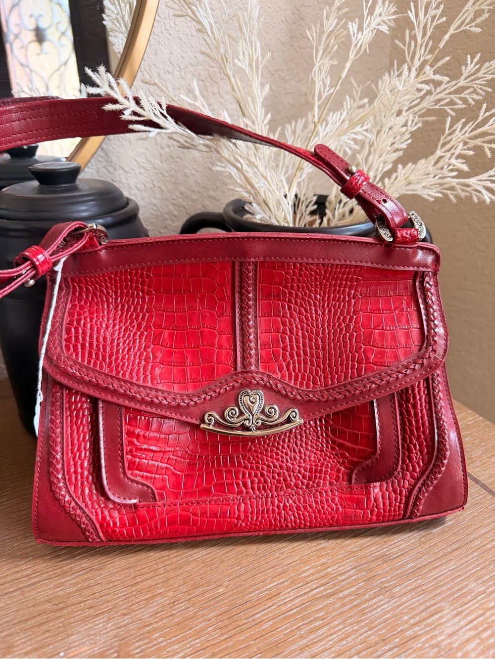 MC red Croc-Embossed Leather Shoulder Bag